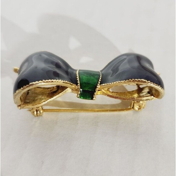 Vintage Brooch Pin Bow Ribbon Enamel Blue Green Gold - Picture 4 of 9